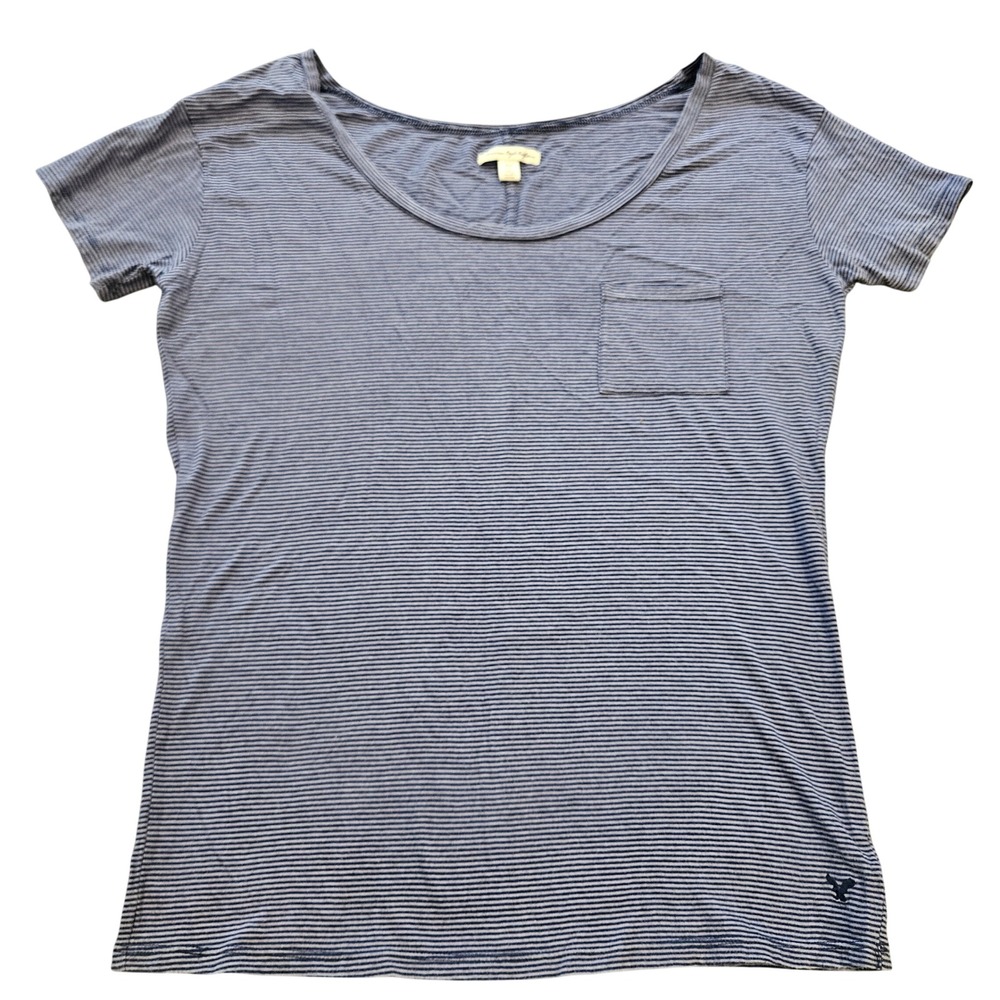 American Eagle Blue Striped Pocket T-Shirt Womens XS/S Scoop Neck